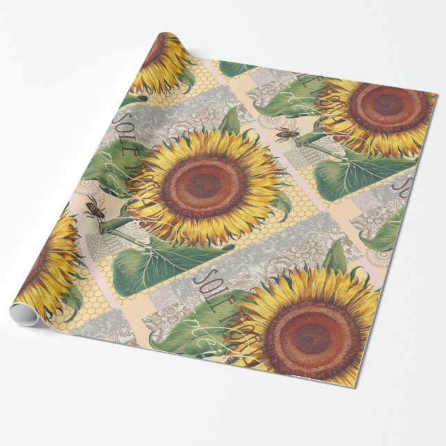Sunflower Vintage Damask Flower Art Wrapping Paper (Unrolled)