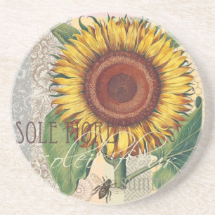 Sunflower Vintage Damask Wallpaper Collage Coaster