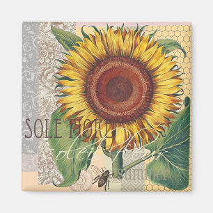 Sunflower Vintage Damask Wallpaper Collage Magnet