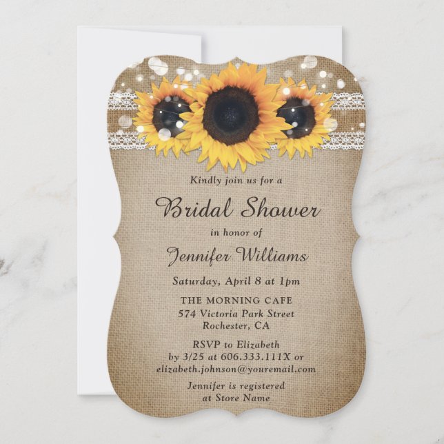Sunflower Vintage Rustic Burlap Lace Bridal Shower Invitation (Front)