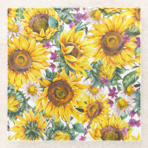 Sunflower Vintage: Summer Yellow Bloom. Glass Coaster