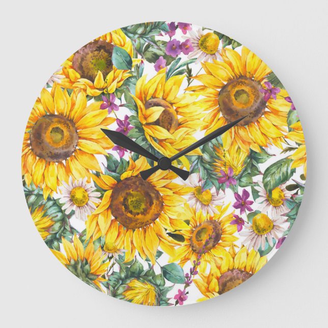 Sunflower Vintage: Summer Yellow Bloom. Large Clock (Front)