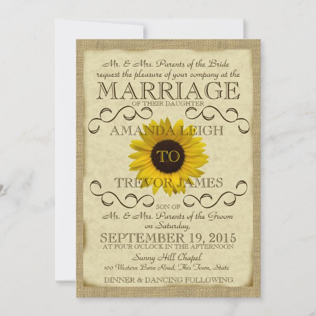 Sunflower Vintage Typography Wedding Invitation (Front)