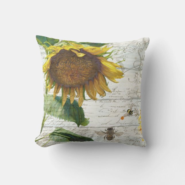 Sunflower w Bees Floral Script Rustic White Wood Cushion (Front)