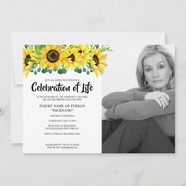 Sunflower wake celebration of life | BW photo Invitation (Front)