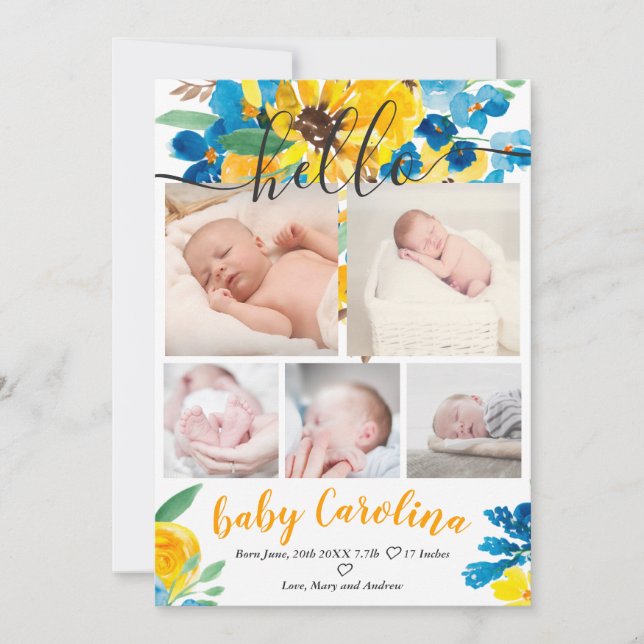 Sunflower watercolor 5 grid photo baby birth announcement (Front)