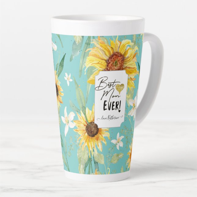 Sunflower Watercolor Best Mum Ever Aqua Blue Latte Mug (Right Angle)