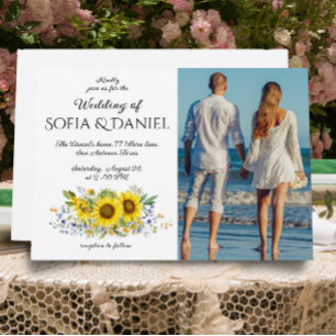 Sunflower watercolor  blue wedding photoInvitation Invitation
