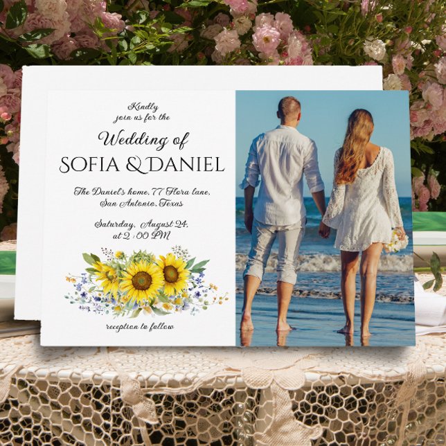 Sunflower watercolor  blue wedding photoInvitation Invitation (Creator Uploaded)