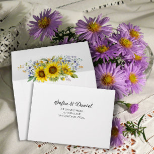 Sunflower watercolor blue wildflower wedding envelope
