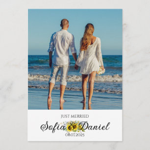 Sunflower watercolor blue wildflower wedding photo announcement