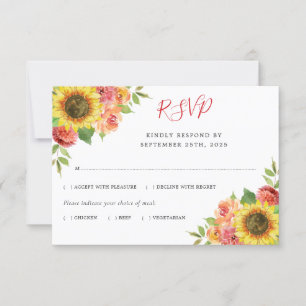 Sunflower Watercolor Coral Floral Meals Wedding RSVP Card
