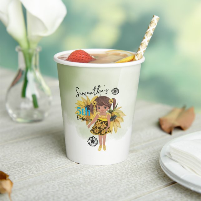 Sunflower Watercolor Fifth Girl Birthday Paper Cups (Insitu)