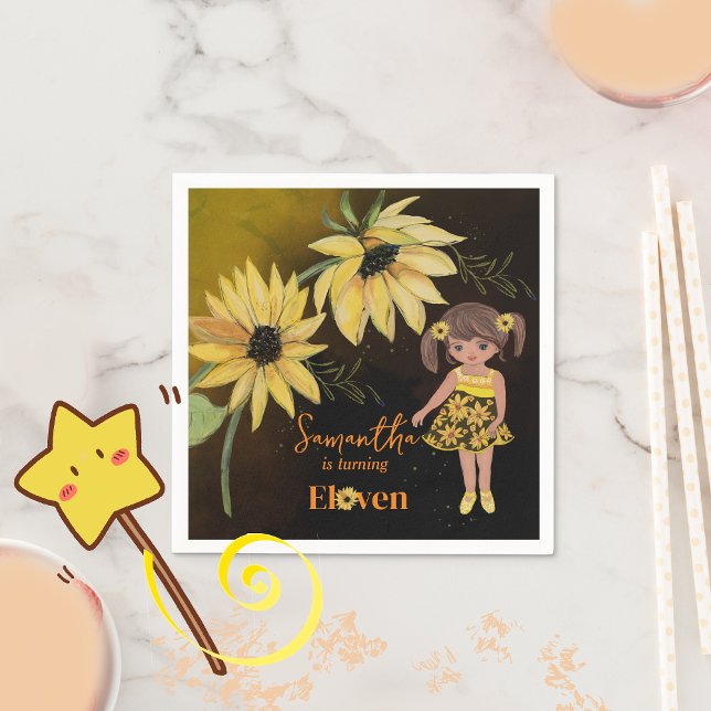  Sunflower Watercolor Fifth Girl Black Birthday Napkin (Sunflower Watercolor Fifth Girl Black Birthday Napkins)
