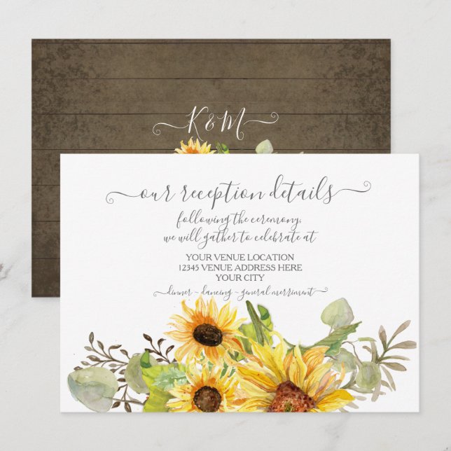 Sunflower Watercolor Floral Barn Wood Reception Invitation (Front/Back)