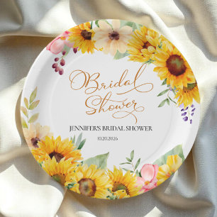 Sunflower Watercolor Floral Bridal Shower Paper Plate