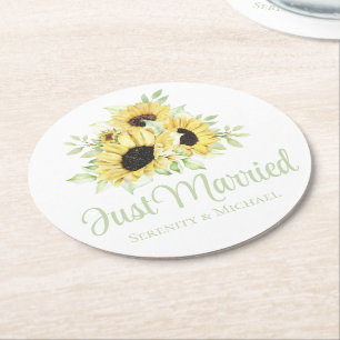 Sunflower Watercolor Floral Just Married Wedding Round Paper Coaster