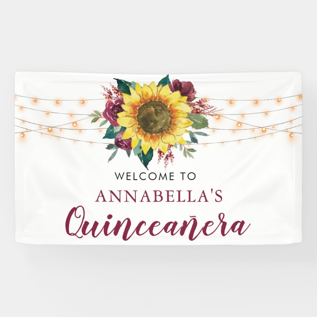Sunflower Watercolor Floral Lights Quinceanera Banner (Horizontal)
