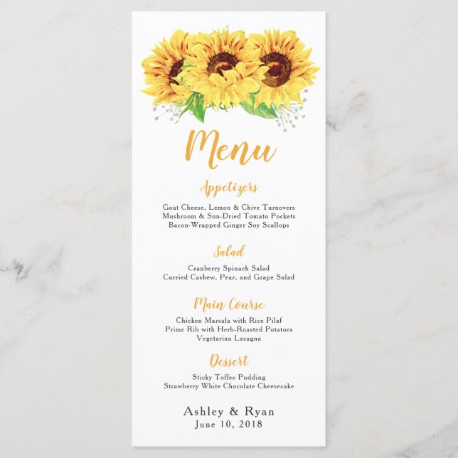Sunflower Watercolor Floral Wedding Menu (Front)