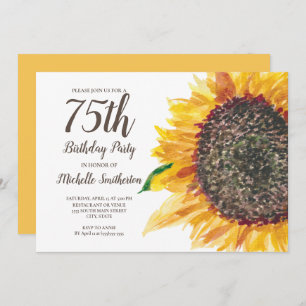 Sunflower Watercolor Floral White 75th Birthday Invitation