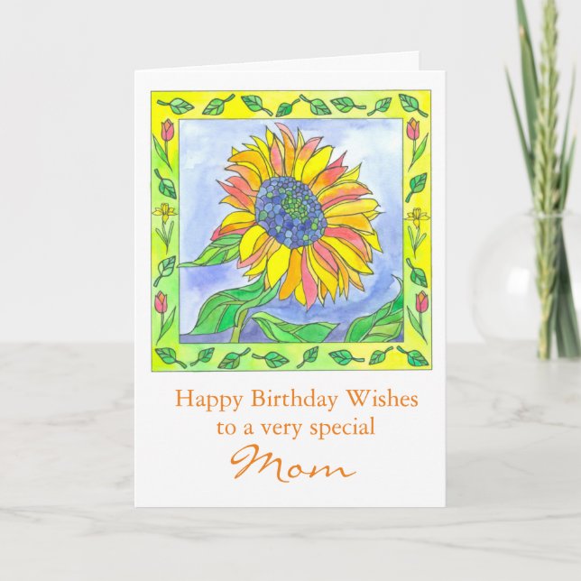 Sunflower Watercolor Flowers Happy Birthday Mum Card (Front)