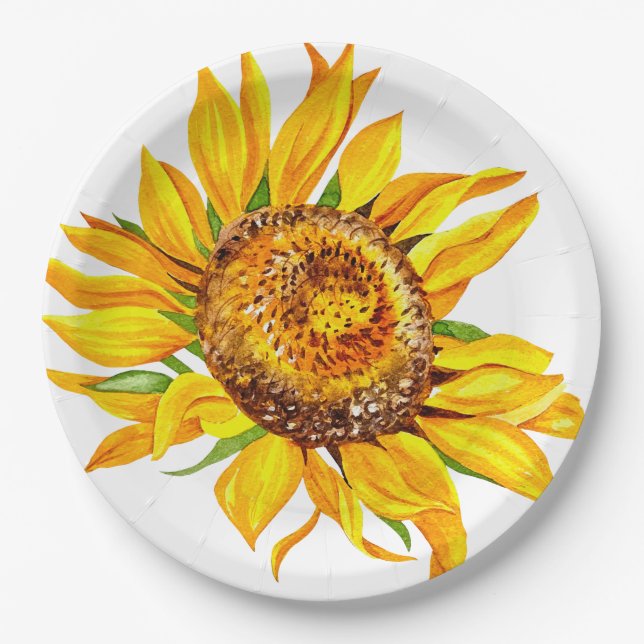 Sunflower Watercolor Flowers Paper Plates (Front)