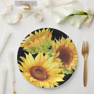 Sunflower Watercolor Flowers Yellow Black Paper Pl Plate
