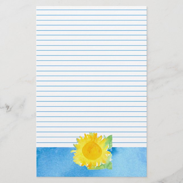 Sunflower Watercolor Painting Blue Lined Stationery (Front)