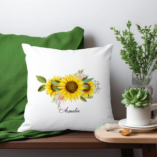 Sunflower Watercolor Pink Floral  Cushion