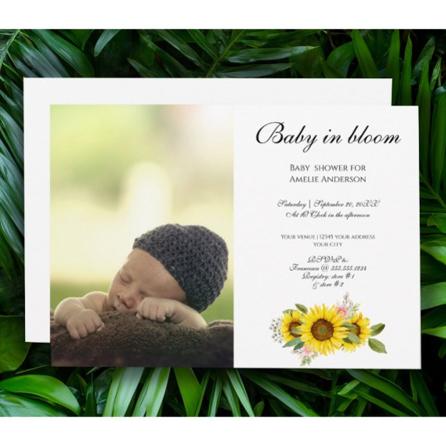 Sunflower Watercolor Pink Floral photo Baby  Invitation (Baby in bloom -  BABY SHOWER WITH SUNFLOWER)