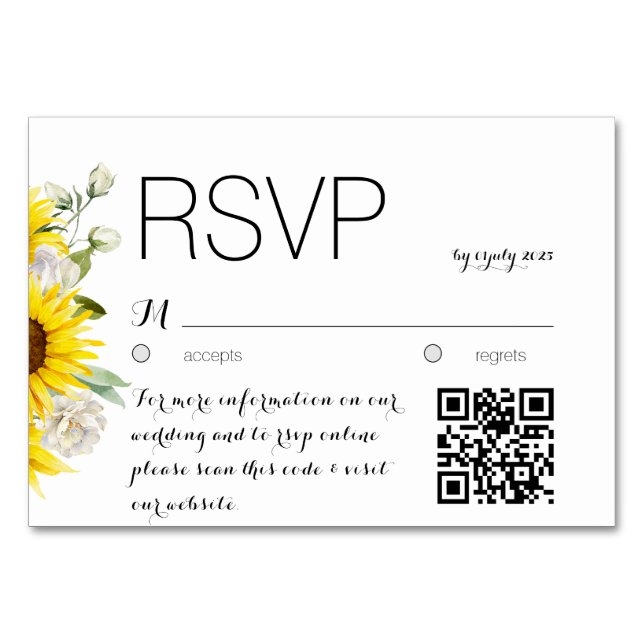 Sunflower watercolor rose QR wedding response card (Front)