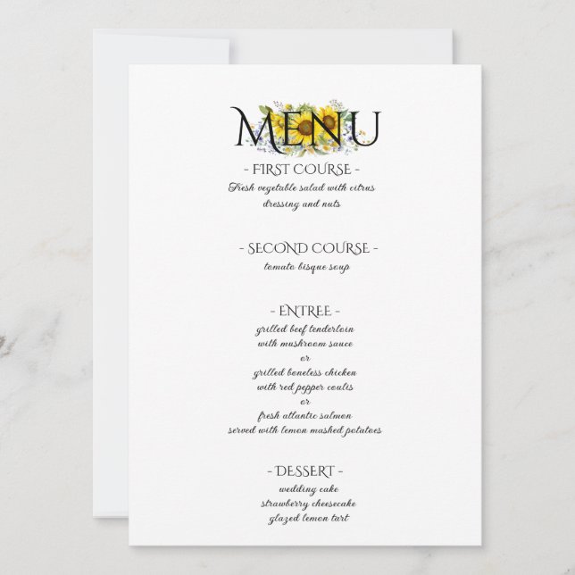 Sunflower watercolor  rustic wedding menu (Front)