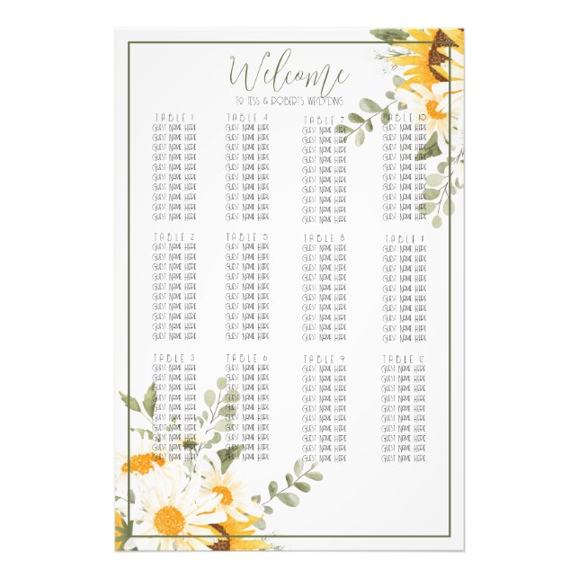 Sunflower Watercolor Wedding Seating Chart Print (Front)