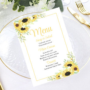 Sunflower Watercolor Yellow Floral Wedding Menu