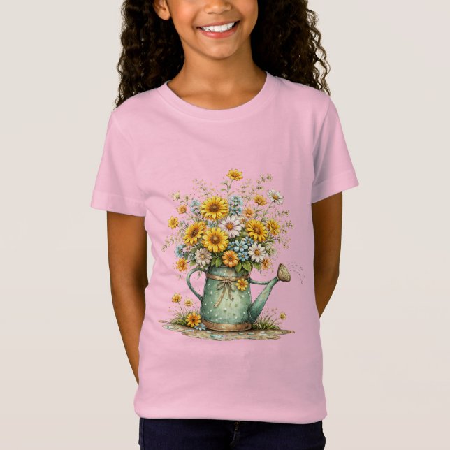 Sunflower Watering Can Floral Garden Art T-Shirt (Front)