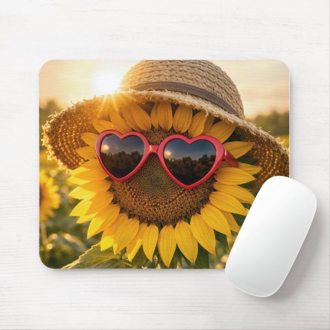 Sunflower Wearing Sunglasses and Straw Hat Mouse Pad (With Mouse)