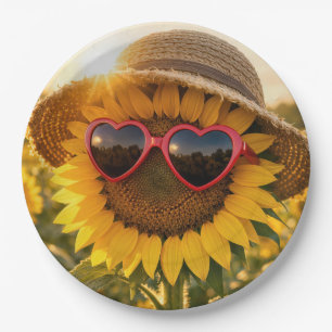 Sunflower Wearing Sunglasses and Straw Hat Paper Plate
