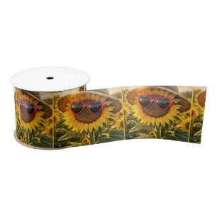 Sunflower Wearing Sunglasses and Straw Hat Satin Ribbon