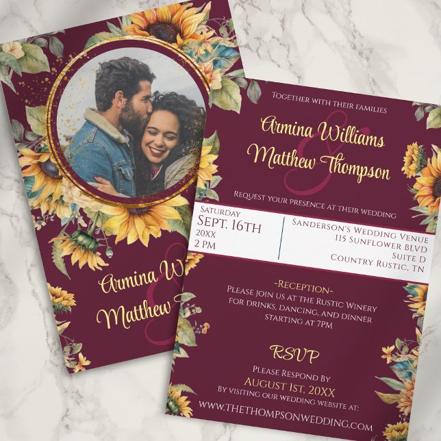 Sunflower Wedding Burgundy All in One Photo Invitation (Creator Uploaded)