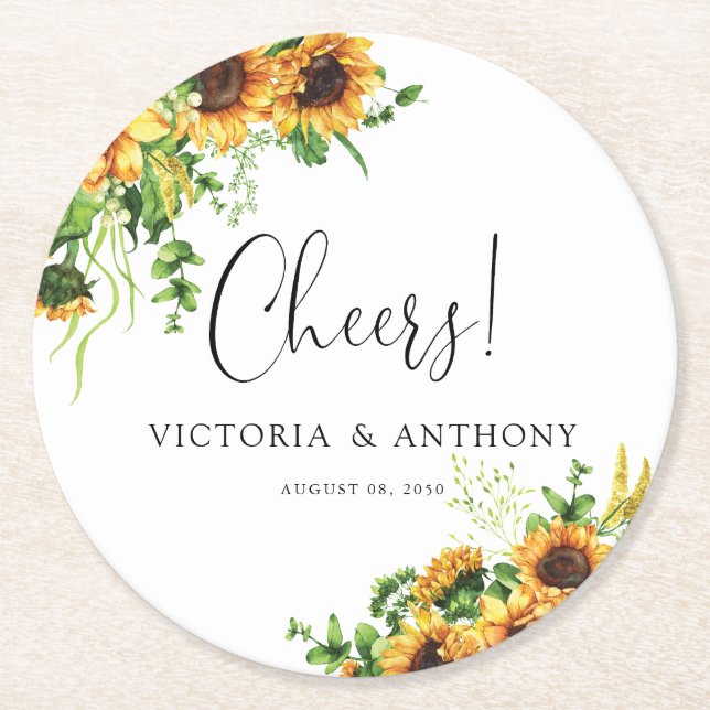 Sunflower Wedding Cheers Round Coaster (Front)