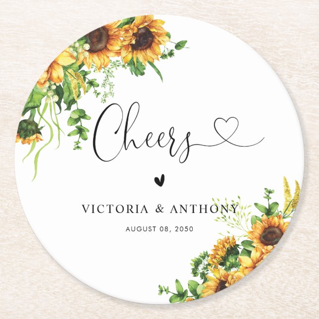 Sunflower Wedding Cheers Round Coaster (Front)