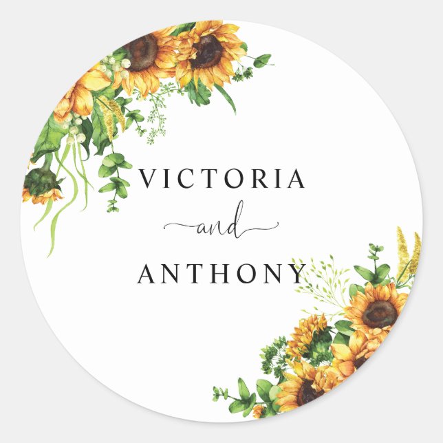 Sunflower Wedding Classic Round Sticker (Front)