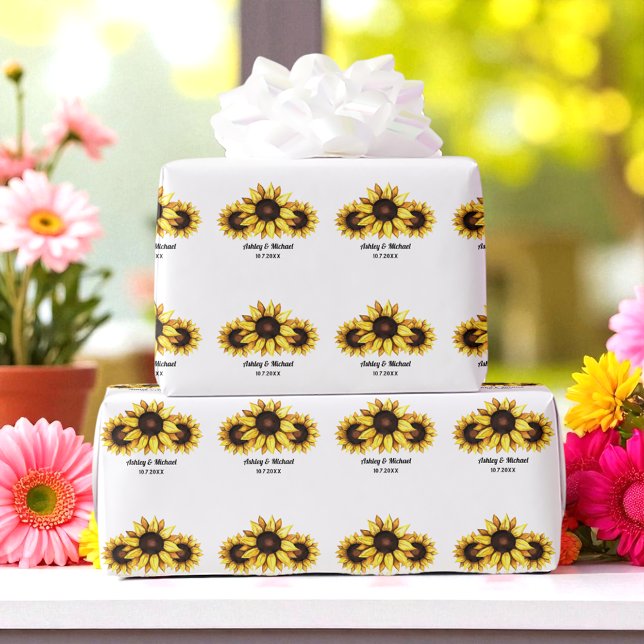 Sunflower Wedding Floral Yellow White Wrapping Paper (Creator Uploaded)