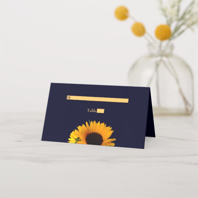 Sunflower Wedding Folded Place Card (Navy Blue) (Front)