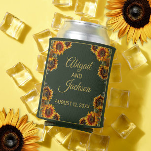 Sunflower Wedding Forest Green & Gold Can Cooler