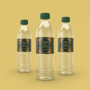 Sunflower Wedding Forest Green & Gold Water Bottle Label