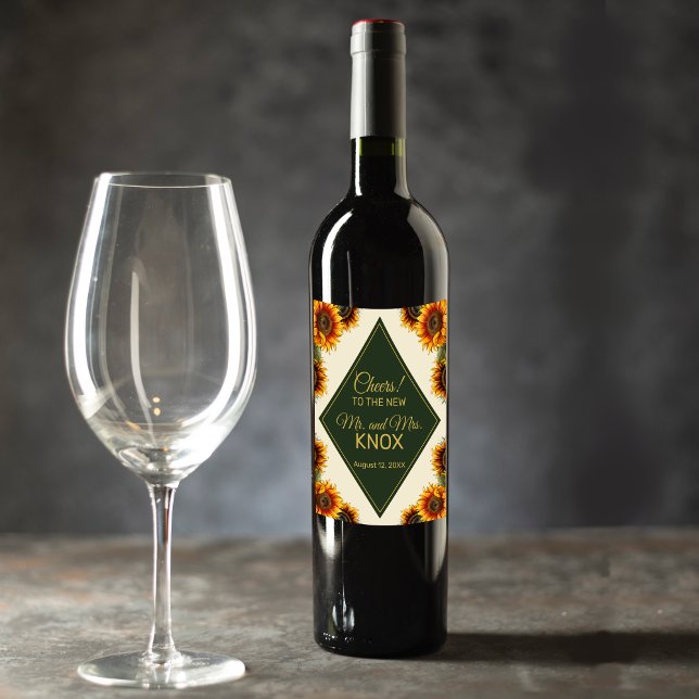 Sunflower Wedding Forest Green & Gold Wine Label (Creator Uploaded)