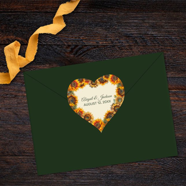 Sunflower Wedding Forest Green Rustic Heart Sticker (Creator Uploaded)