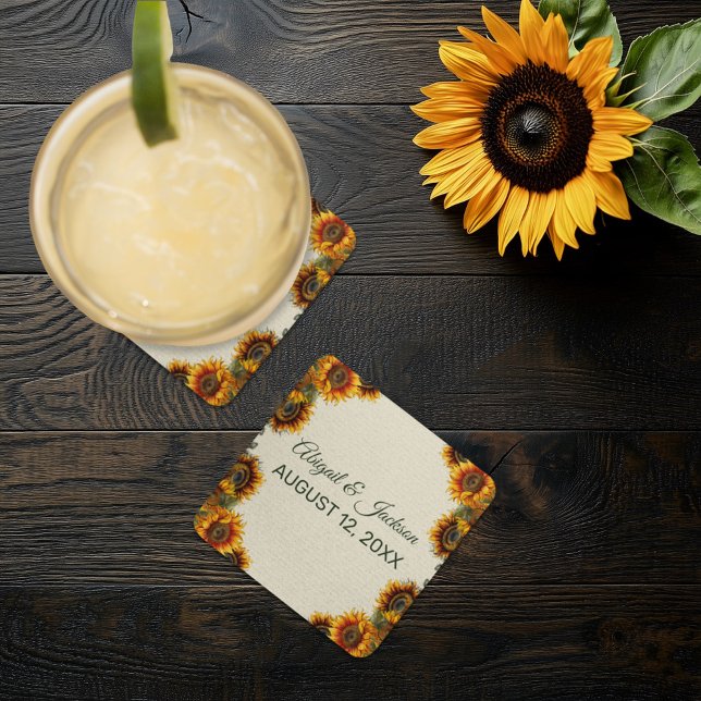 Sunflower Wedding Forest Green Rustic Square Paper Coaster (Creator Uploaded)
