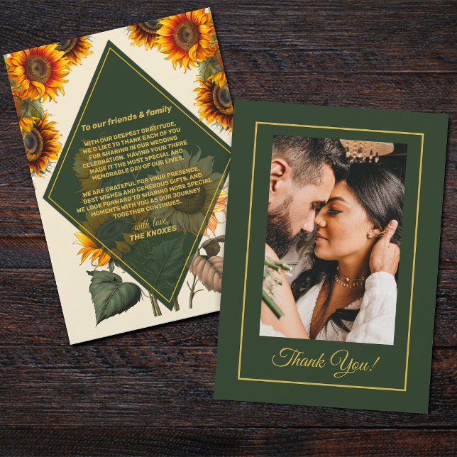 Sunflower Wedding Forest Green Thank You Card (Creator Uploaded)